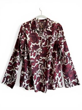 Johnny Was Floral Shirt Button Front Burgundy Cream Boho Western Womens S